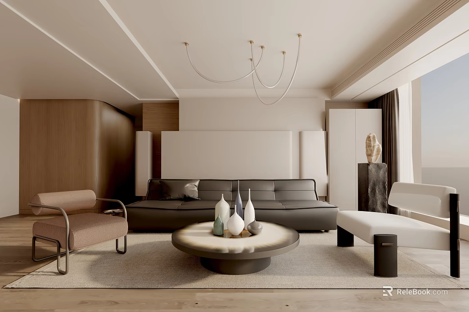 Modern Living Room Interior With Black Sofa Round Coffee Table Wooden Wall And Pendant Light 3d model 