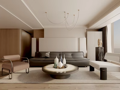 Modern Living Room Interior With Black Sofa Round Coffee Table Wooden Wall And Pendant Light 3d model