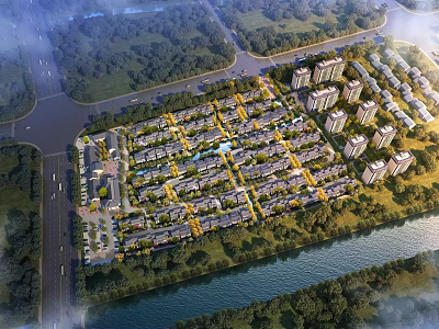 Aerial Planning of Modern Residential Community Layout With Buildings Riverside Green Spaces and Roads 3d model