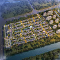 Aerial Planning of Modern Residential Community Layout With Buildings Riverside Green Spaces and Roads