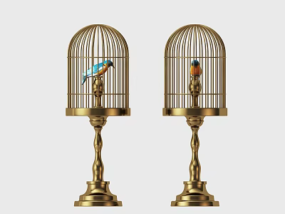 Decorative Ornament Set with Two Golden Birdcages Featuring Small Birds On Elegant Bases 3d model