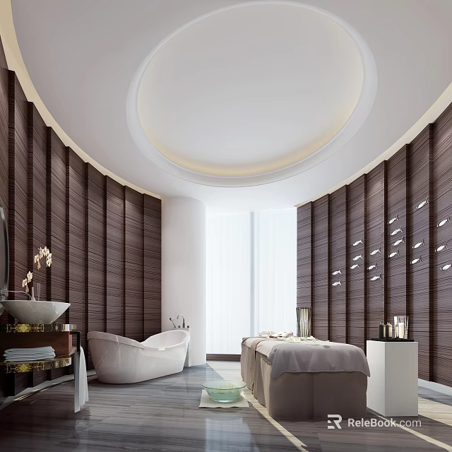 Luxury SPA Sauna Interior With Modern Wooden Walls Bathtub Massage Table And Natural Light 3d model 
