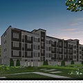 Modern Multistory Residential Building with Large Windows Surrounded by Greenery Lawns Trees Under Sunset Sky