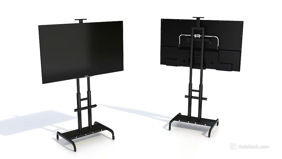 Two Black Adjustable Floor Standing TV Stands With Stable Base And Shelf Design 3d model