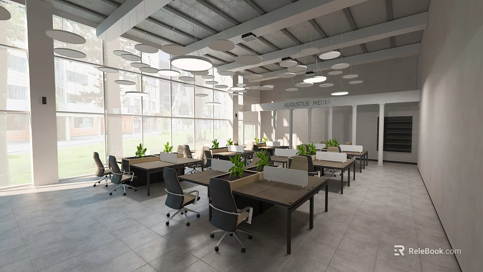 Modern Public Office Space With Open Layout Desks Chairs Plants Hanging Lights And Large Windows 3d model 