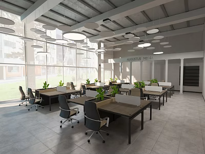 Modern Public Office Space With Open Layout Desks Chairs Plants Hanging Lights And Large Windows 3d model