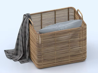Natural Woven Rattan Storage Basket With Handle Holding Gray Cushion And Plaid Blanket 3d model