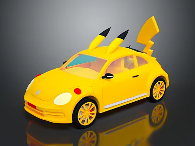 Yellow Pikachu Inspired Beetle Style Car With Decorative Ears And Tail 3d model