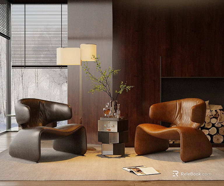 Brown Leather Accent Chairs With Side Table Green Plant Floor Lamp And Wooden Wall Setting 3d model 