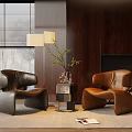 Brown Leather Accent Chairs With Side Table Green Plant Floor Lamp And Wooden Wall Setting