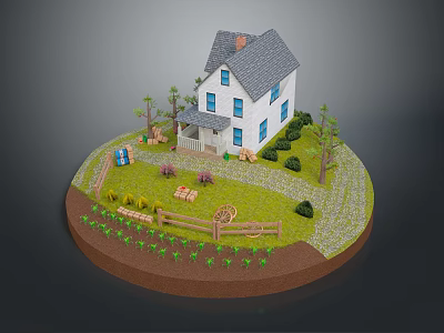 Scenic View Of White House Porch Gray Roof Blue Windows Green Lawn And Trees 3d model
