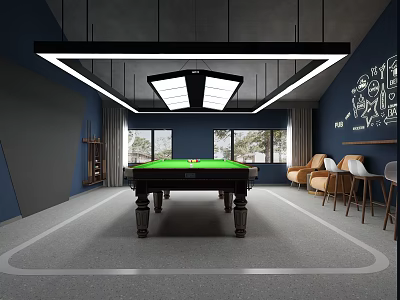 Modern Billiard Room Interior Design With Green Felt Table Beige Armchairs And Black Pendant Lights 3d model