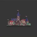 Cartoon Scenery Featuring Castle With Purple Towers Red Roofs Green Trees And Blue Water