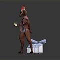 Christmas Character With Reindeer Antlers Red White Striped Outfit Yellow Item And Ice Block