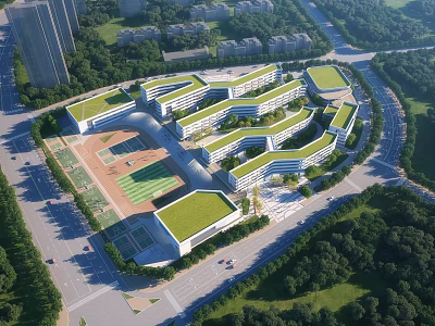 Modern School Buildings With Green Roofs And Playground Area Surrounded By Greenery 3d model