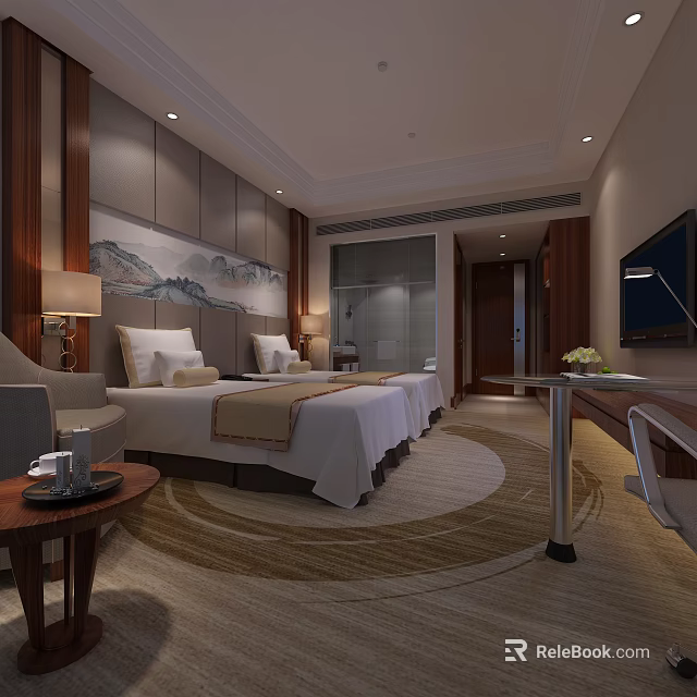 Elegant Hotel Guest Room With Twin Beds Mountain Painting Lamps Carpet TV And Bathroom 3d model 