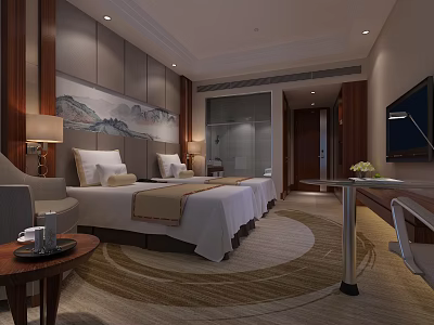 Elegant Hotel Guest Room With Twin Beds Mountain Painting Lamps Carpet TV And Bathroom 3d model