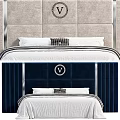 Modern Double Bed With Vertical Stripe Upholstered Headboard And White Grey Bedding 3d model