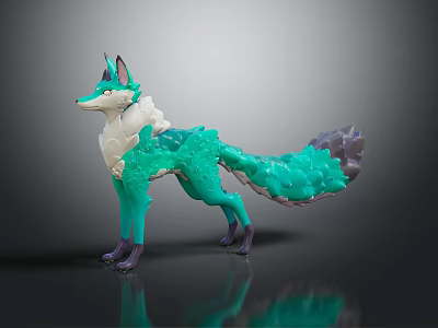 Artistic Green Fox Character As Fantasy Creature With White Fur Purple Tail Standing Pose 3d model