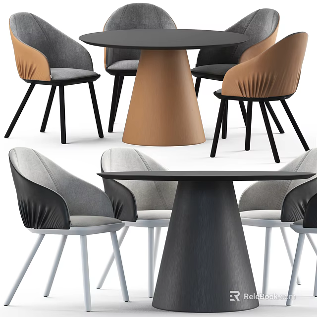 Modern Dining Table And Chairs Set With Conical Base And Upholstered Seats 3d model