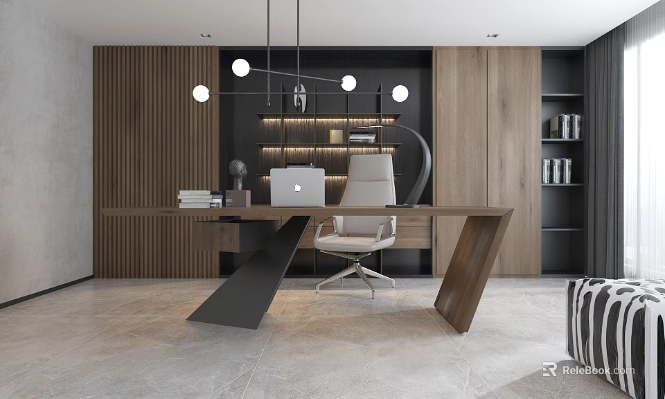 Modern Office Interior With Large Desk Laptop Chair Wooden Wall Bookshelf And Pendant Lights 3d model 