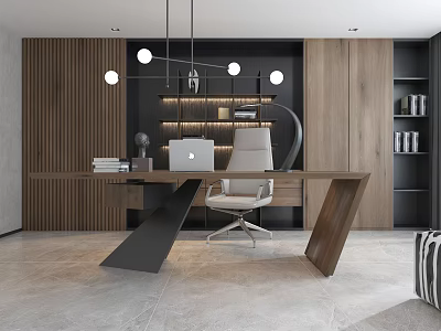 Modern Office Interior With Large Desk Laptop Chair Wooden Wall Bookshelf And Pendant Lights 3d model