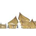 Unique Bamboo Buildings With Curved Roof Design Against Blue Sky And Trees