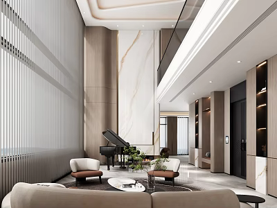 Modern Duplex Living Room Design With Black Piano Beige Sofa Large Windows And Marble Wall 3d model