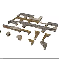 Architectural Building Model Components With Structural Fragments Displayed On White Background