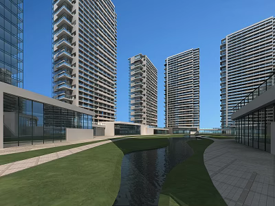 Modern High Rise Residential Buildings with Green Lawns Small Stream and Walkways 3d model