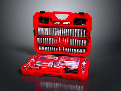Red Toolbox Set Containing Sockets Wrenches Screwdrivers And Various Tools 3d model