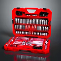 Red Toolbox Set Containing Sockets Wrenches Screwdrivers And Various Tools