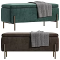 Modern Blue and White Ottoman Bench with Metallic Legs Blanket and Multi Color Cushions
