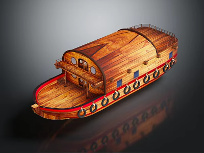 Wooden Boat With Wooden Hull Red Bottom Deck Railing And Round Windows Design 3d model