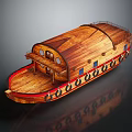 Wooden Boat With Wooden Hull Red Bottom Deck Railing And Round Windows Design