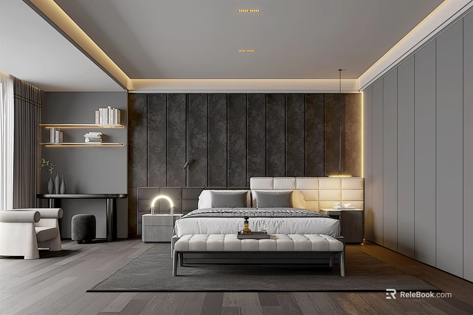 Modern Bedroom Interior Design With Dark Wooden Wall Paneling Upholstered Headboard And Bedside Lighting 3d model 