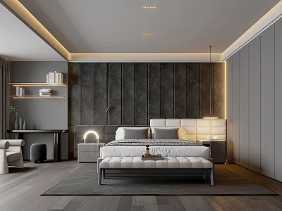 Modern Bedroom Interior Design With Dark Wooden Wall Paneling Upholstered Headboard And Bedside Lighting 3d model