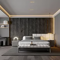 Modern Bedroom Interior Design With Dark Wooden Wall Paneling Upholstered Headboard And Bedside Lighting