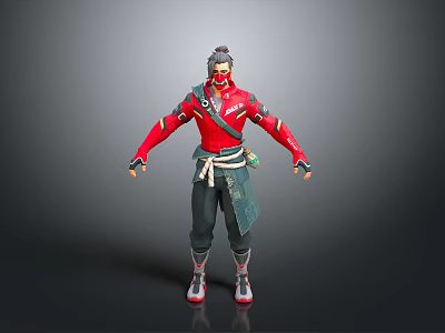 3D Eastern Style Character With Red Outfit Black Pants And Green Sash 3d model