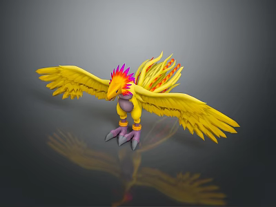 Yellow Bird Like Game Movie Character With Red Pink Head Feathers And Yellow Wings 3d model