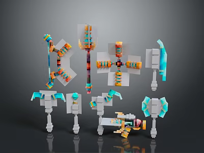 Colorful Pixel Art Weapons Collection Featuring Swords Axes Bows And Spears 3d model