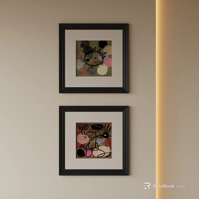 Abstract Paintings in Black Frames Featuring Abstract Colors and Shapes on Wall 3d model