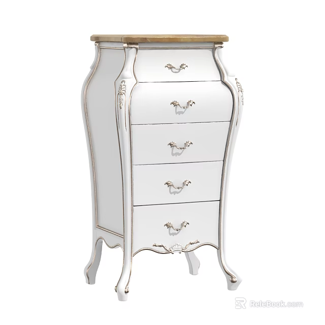 Elegant White Chest of Drawers With Carved Details Gold Handles And Curved Legs 3d model 