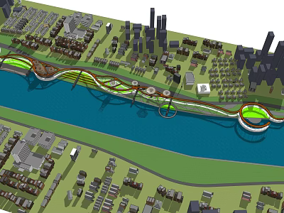 Waterfront Landscape Design With River Urban Green Promenade Pedestrian Paths And City Skyline 3d model