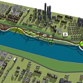 Waterfront Landscape Design With River Urban Green Promenade Pedestrian Paths And City Skyline