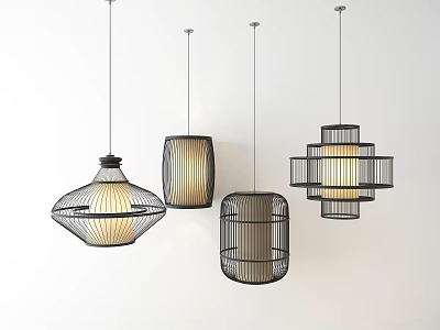 Contemporary Pendant Lights With Varied Metal Frame Designs And Woven Lampshades For Interior Decor 3d model
