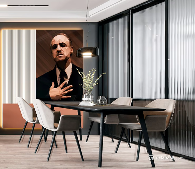 Modern Dining Table Set with Chairs Pendant Light and Large Portrait Painting Glass Partitions 3d model 
