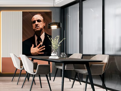Modern Dining Table Set with Chairs Pendant Light and Large Portrait Painting Glass Partitions 3d model