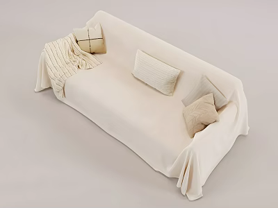 Light Beige Two Seater Sofa With Soft Pillows And Knit Blanket 3d model