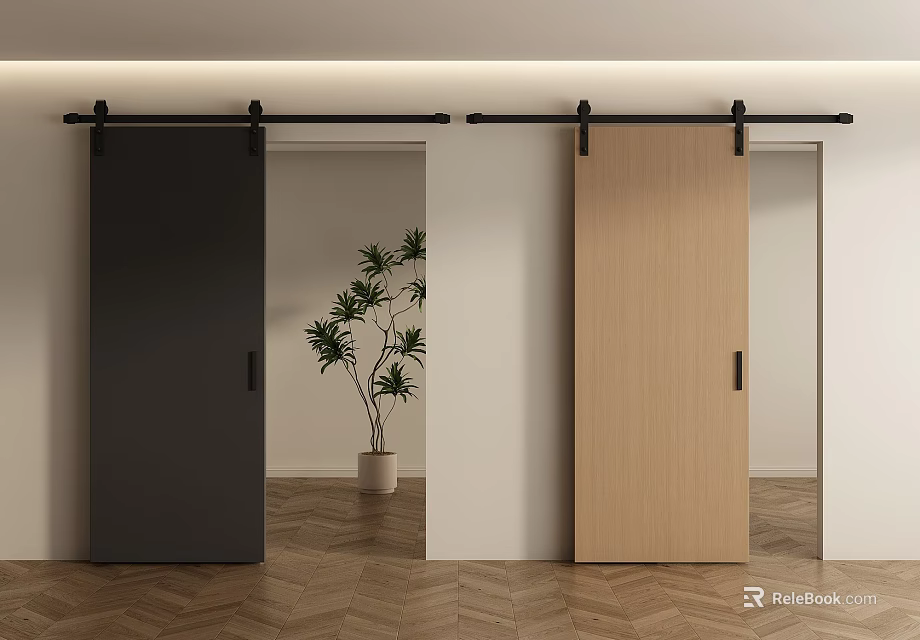 Contemporary Interior Featuring Black And Wood Barn Doors With Metal Sliding Tracks 3d model 